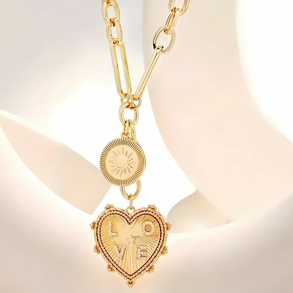 Chunky 18K Gold Plated Heart & Sun Charm Necklace - Trendy Women’s necklace